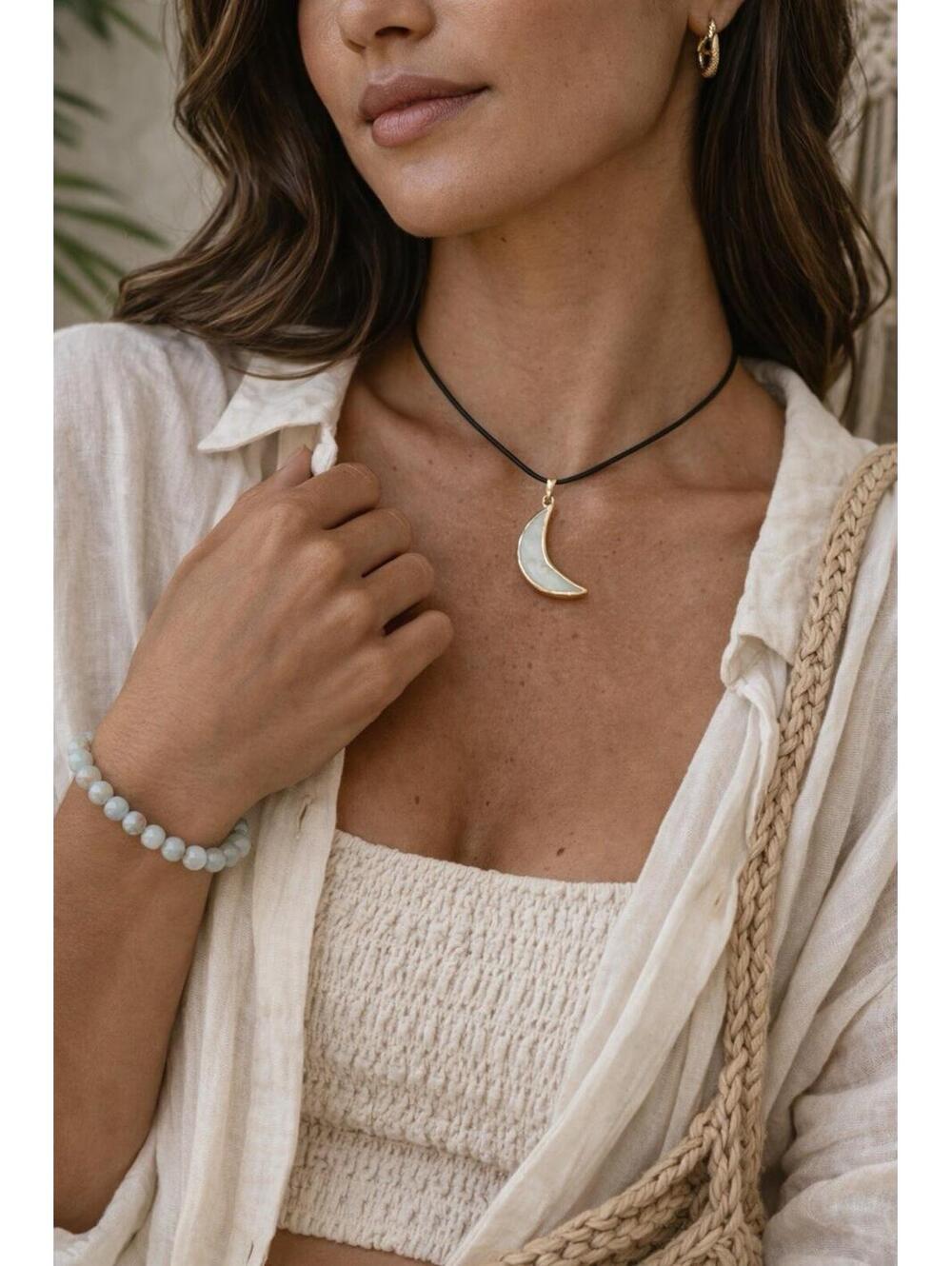 Moonstone Beaded Bracelet & Crescent Moon Chocker Necklace Set Gold Boho NWT